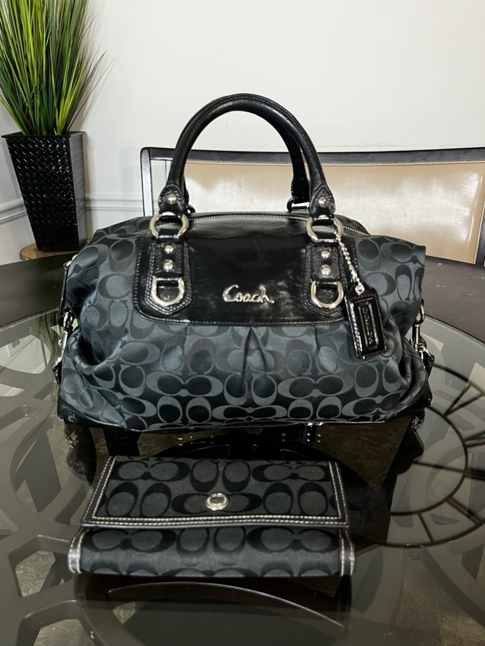 Coach Ashley Signature Satchel  black jacquard and patent leather with wallet